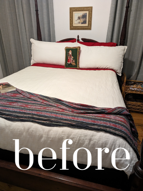 This master bedroom felt unbalanced and unromantic. Harsh overhead lighting, uneven and missing bedside tables, and artwork that sent the wrong message were its major challenges.