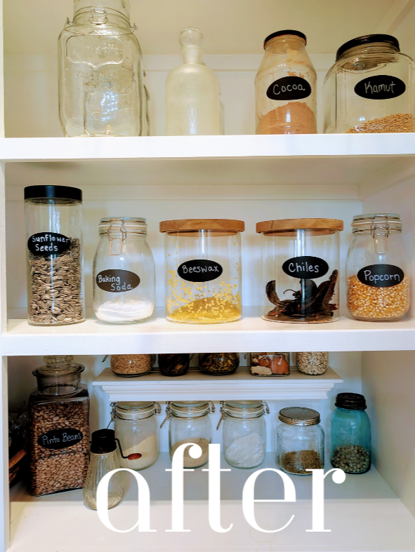 Decanting pantry staples, relocating other types of foods, and removing toxic oils help being peace to this pantry.