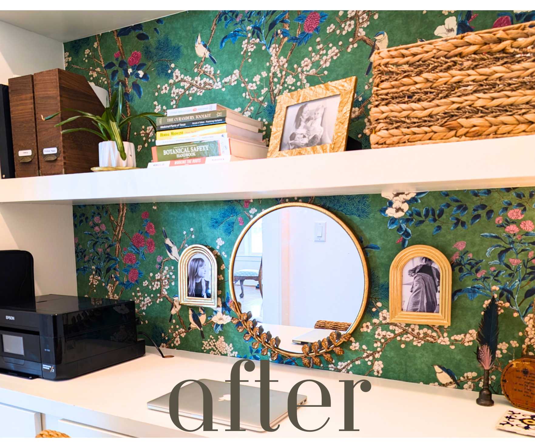 Removing clutter and adding family photos that bring joy, plants, and a strategically placed mirror refresh this creative space.