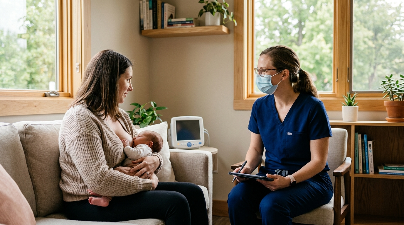 Parent breastfeeding an infant during a tongue tie evaluation with a pediatric airway clinician observing feeding function.