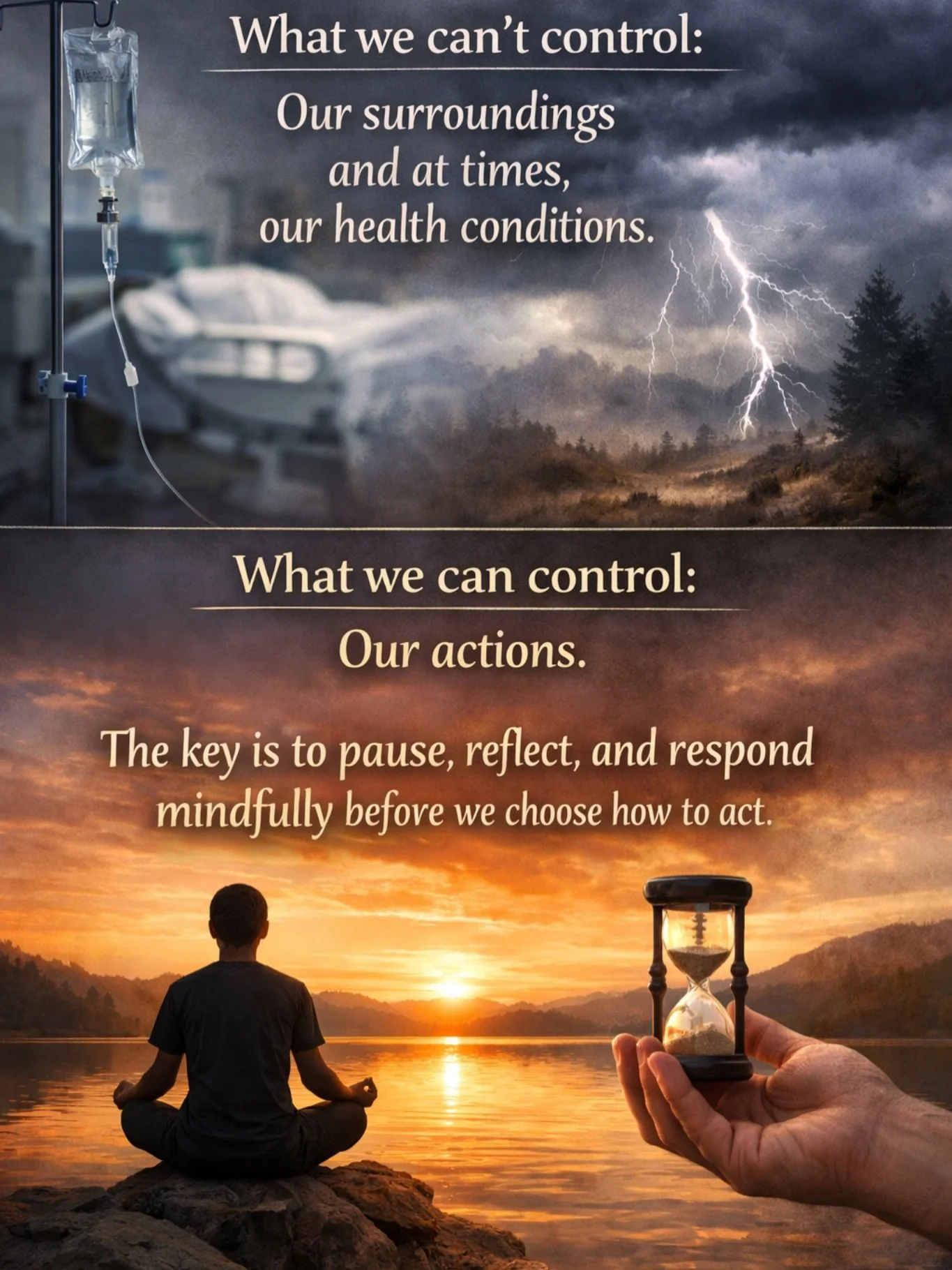 What is not under our control: our surroundings, and sometimes our medical situations.

What is under our control: our actions.
Instead of reacting, learning to take a moment to process before &ldquo;taking action&rdquo; is the most important change 