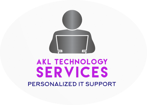 Logo for AKL Technology Services featuring a generic user icon, purple text, and the tagline 'Personalized IT Support'.