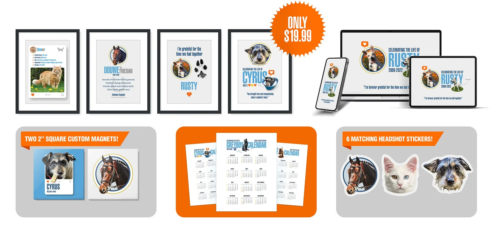 Promotional image showing personalized pet memorial products, including framed photo displays, custom magnets, a calendar, headshot stickers, and digital formats, priced at $19.99.