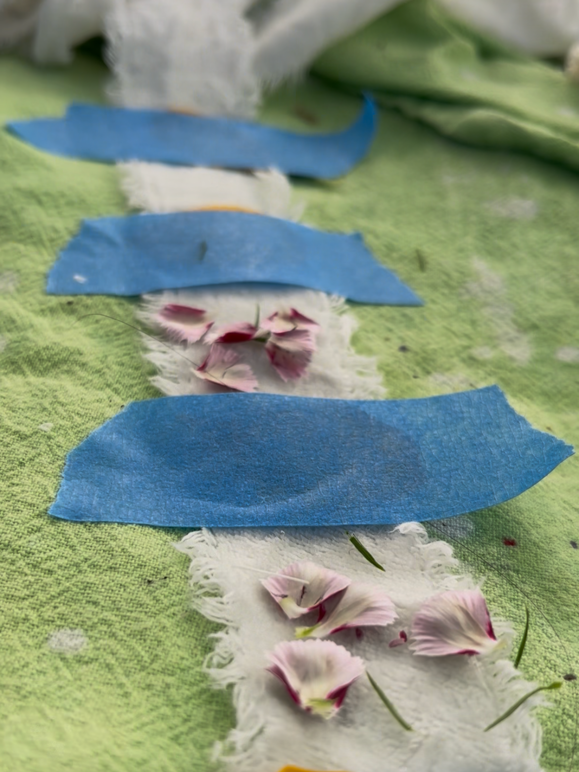 prep velvet ribbon with blue tape and flowers for botanical print