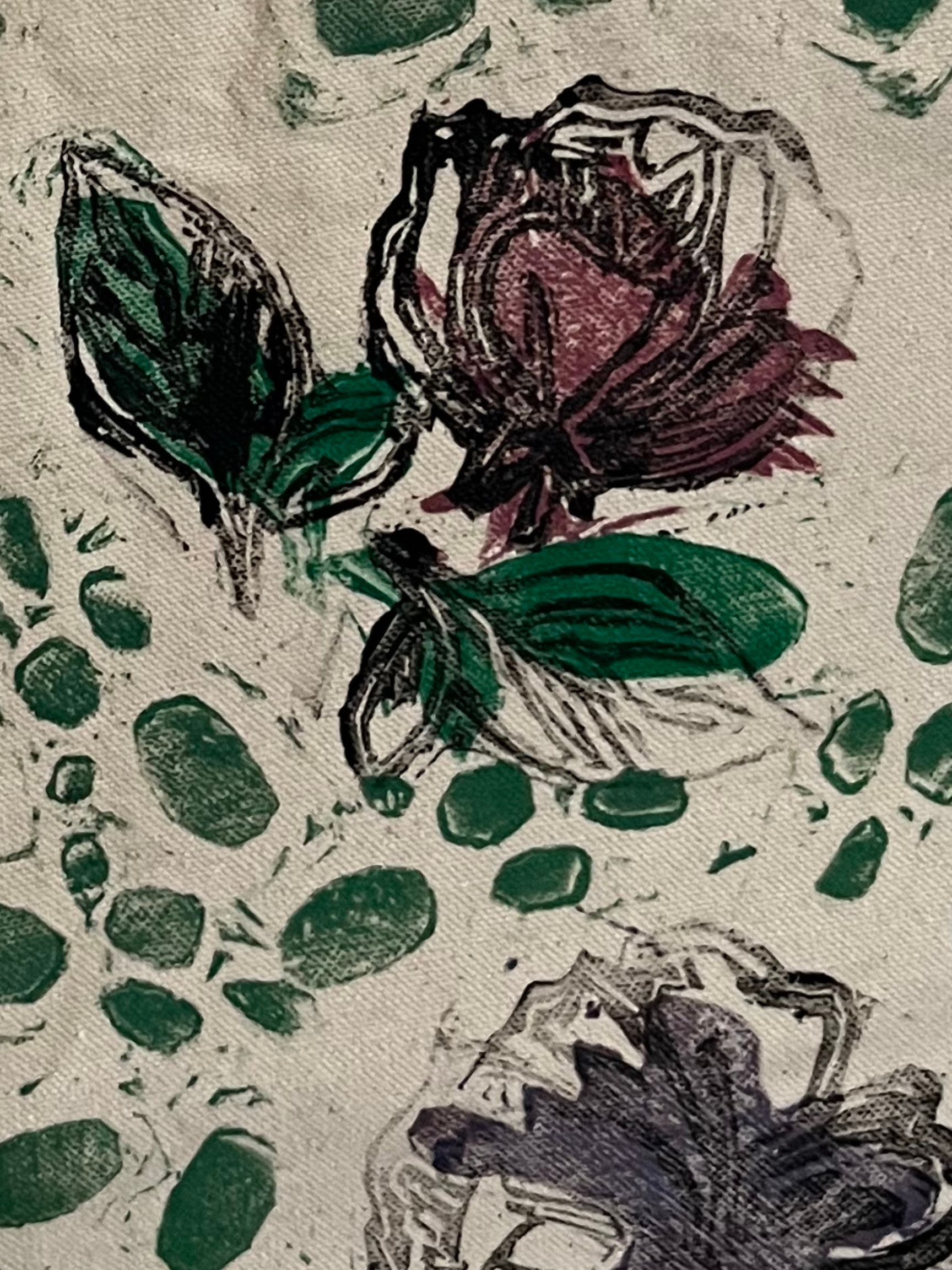 block print on canvas flowers and greenery