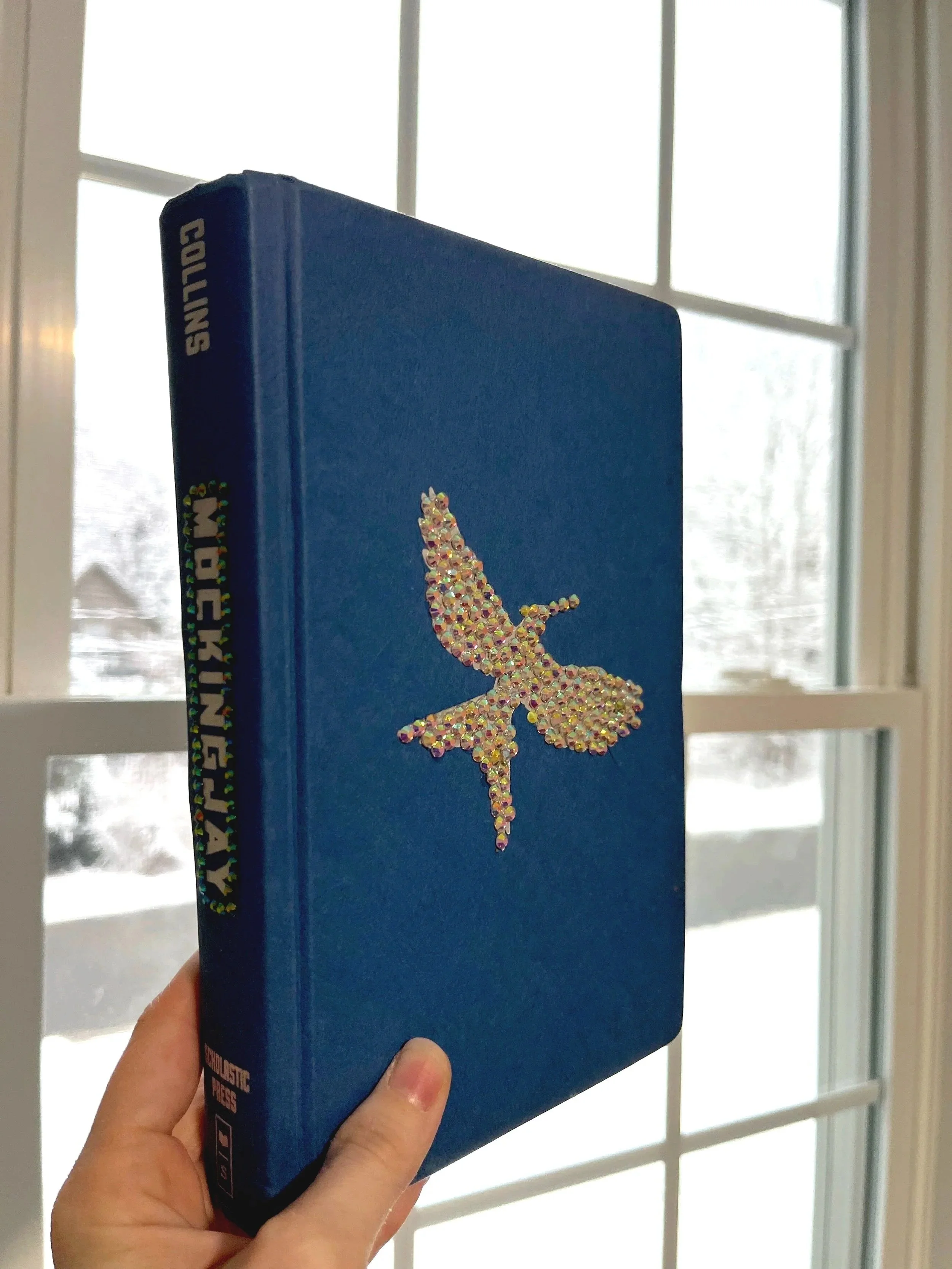 holding bedazzled book infront of snowy window