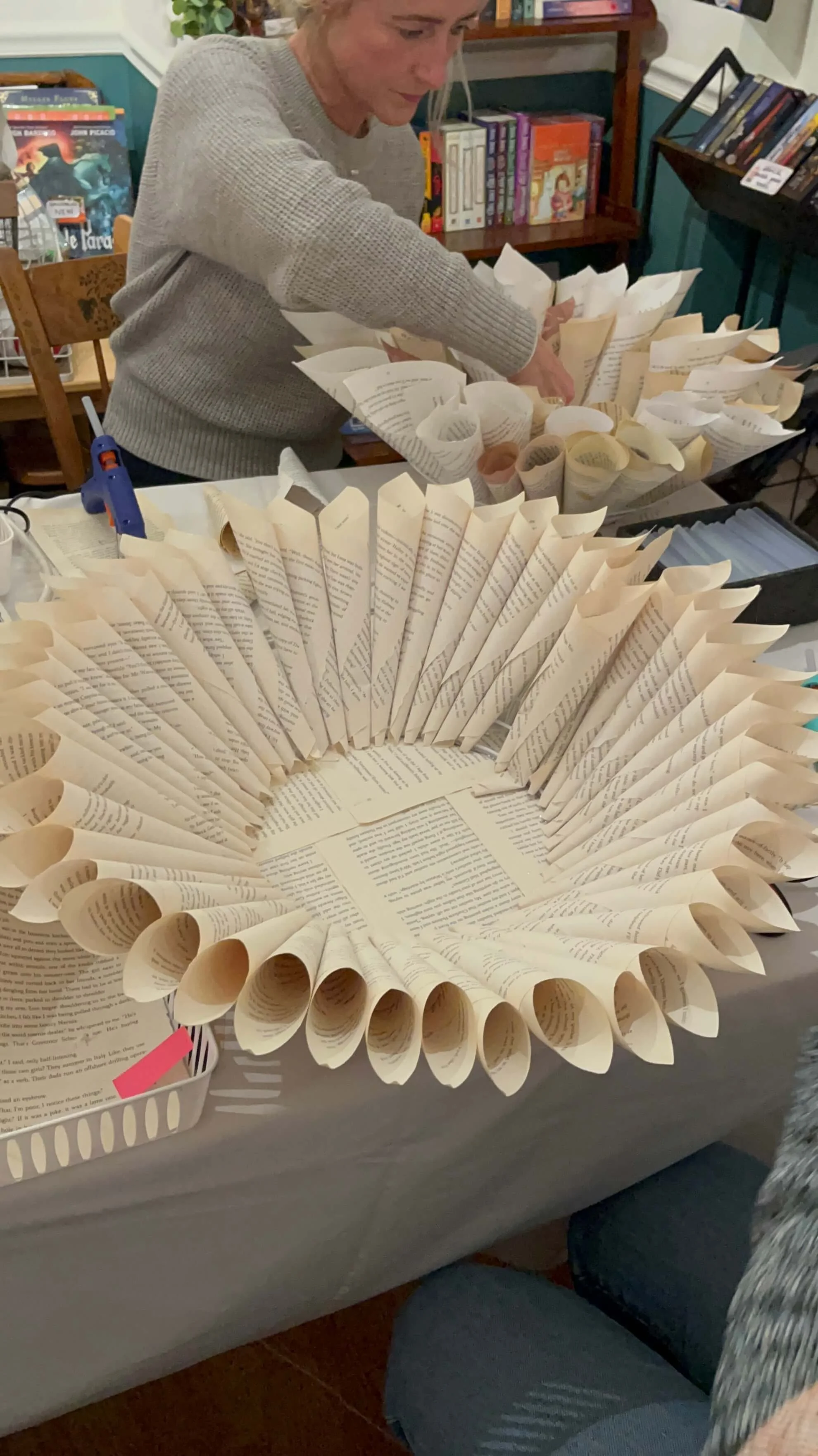 dahlia wreath made from upcycled paper in slow craft diy workshops in greater boston new england area (Copy)