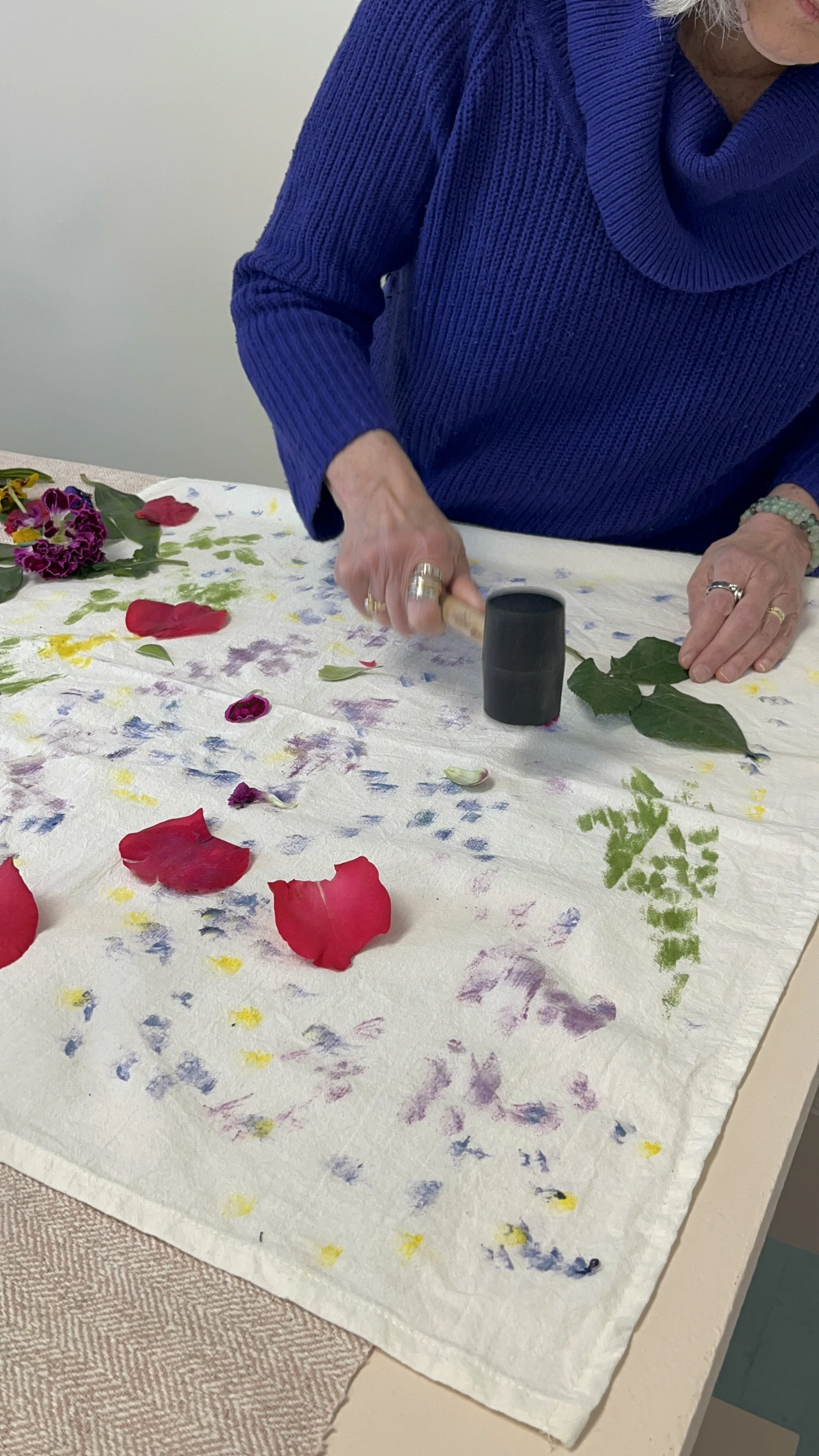rubber hammer mallet with flowers on pink and white fabric