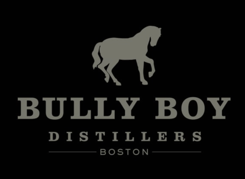 Black logo background with grey horse above Bully Boy Distillers Boston in grey