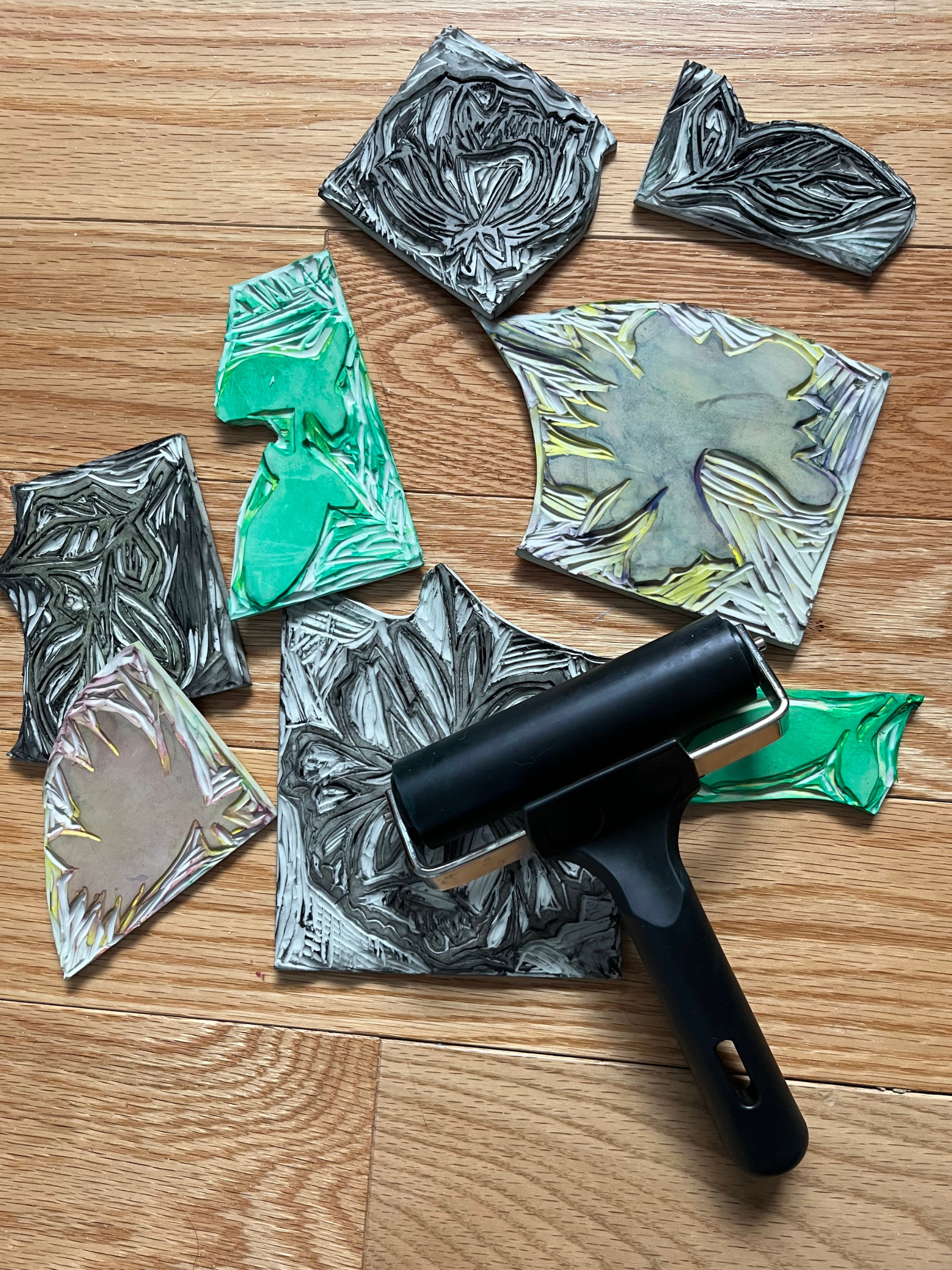 block print tools on table blocks with ink on them