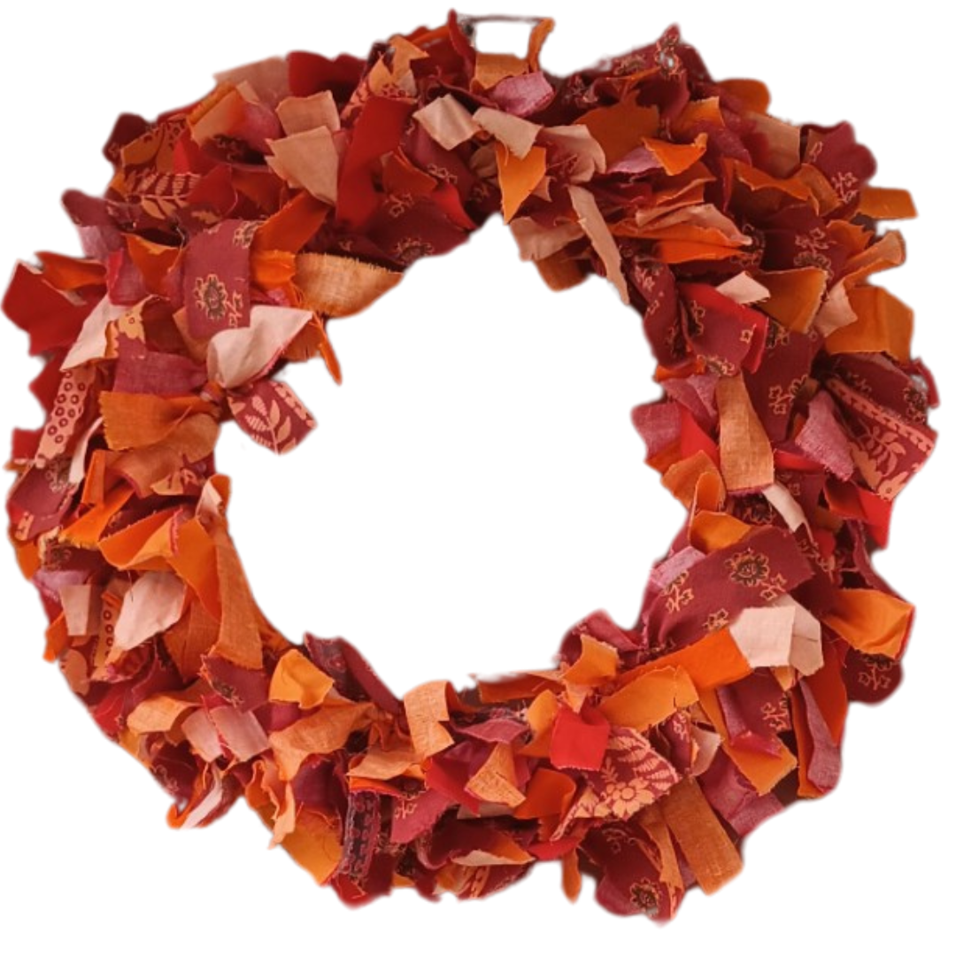 orange wreath with scrap fabric pieces made by hand in mindful craft event