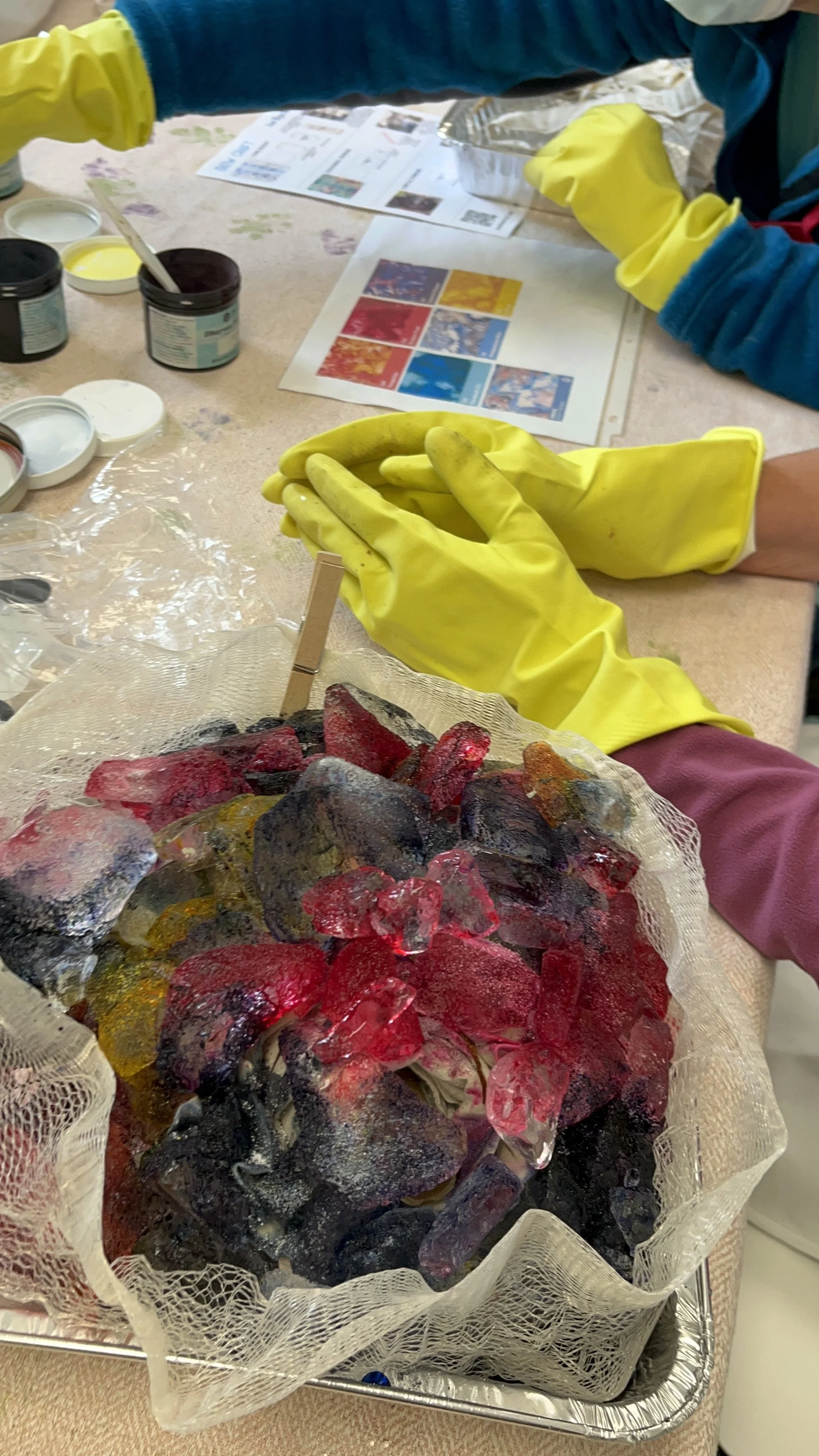 workshop scene ice dye and covered hands waiting