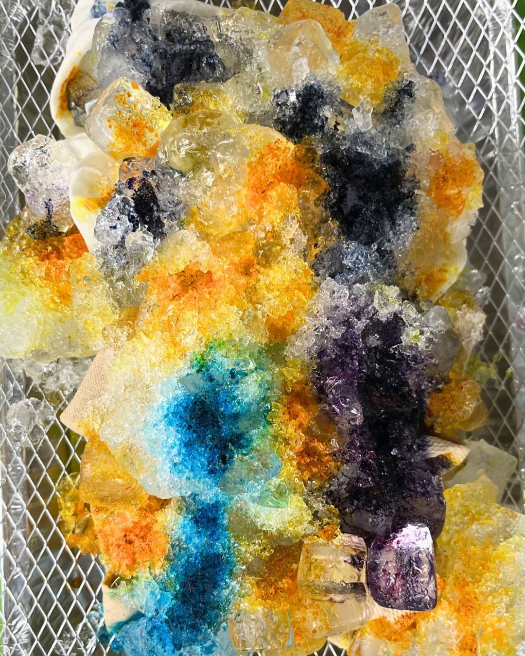 ice dye blue yellow purple on mesh tray