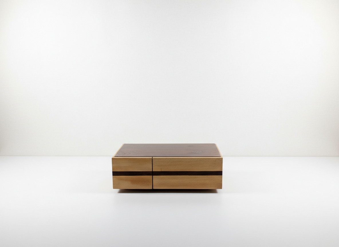 A small wooden box with a dark stripe in the middle, placed on a white surface against a plain white background.