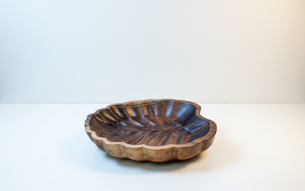A wooden bowl with a scalloped edge on a white surface against a light background.