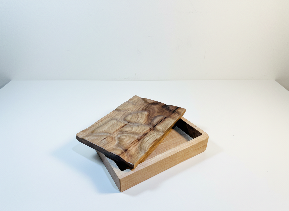 A wooden box with a sliding lid, resting on a white surface.