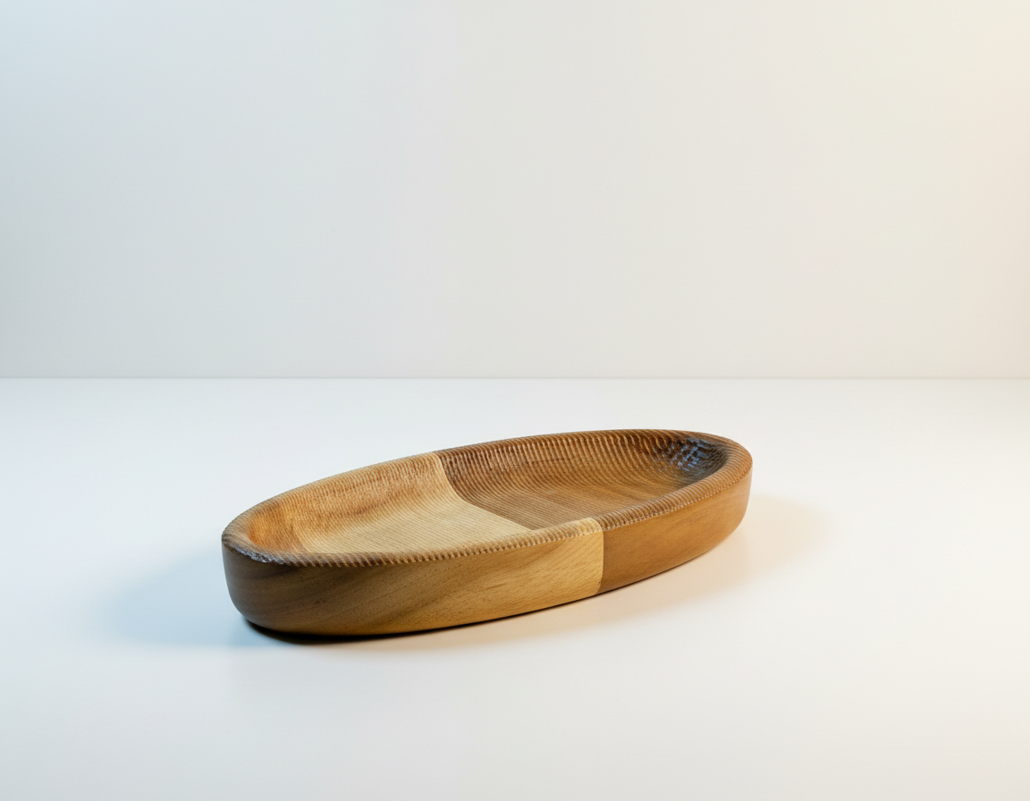 A wooden oval-shaped bowl with a smooth finish, placed on a white surface against a light background.