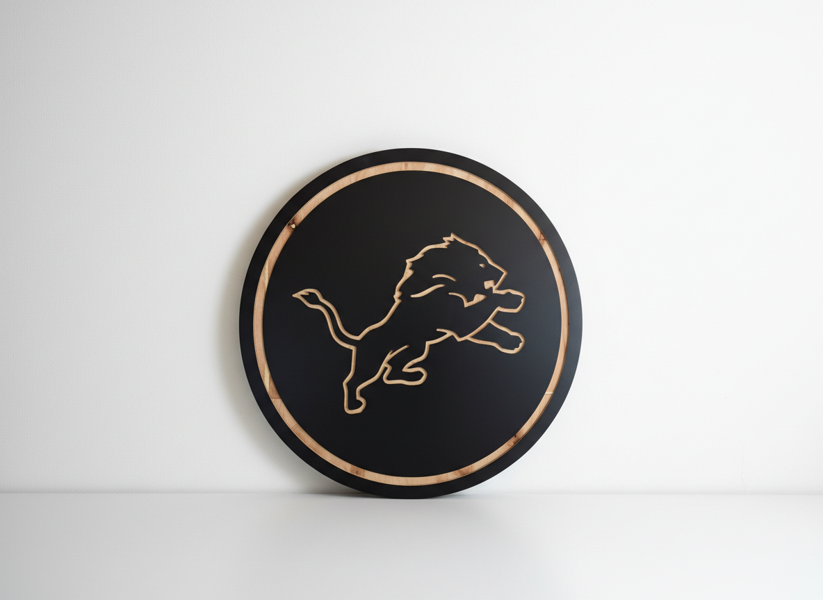 A circular black wall clock with a stylized outline of a lion in the center, featuring a gold border and a gold lion silhouette.
