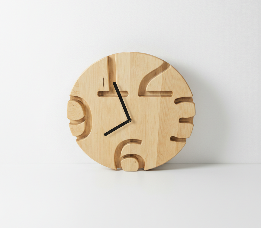 Round wooden clock with cut-out modern analog design, showing the time at 11:55.