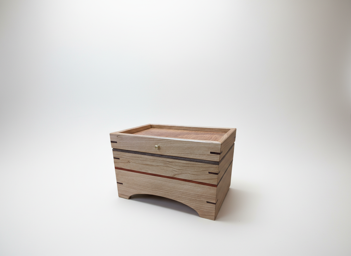 Small wooden drawer or storage box with a lid, placed on a plain white surface.