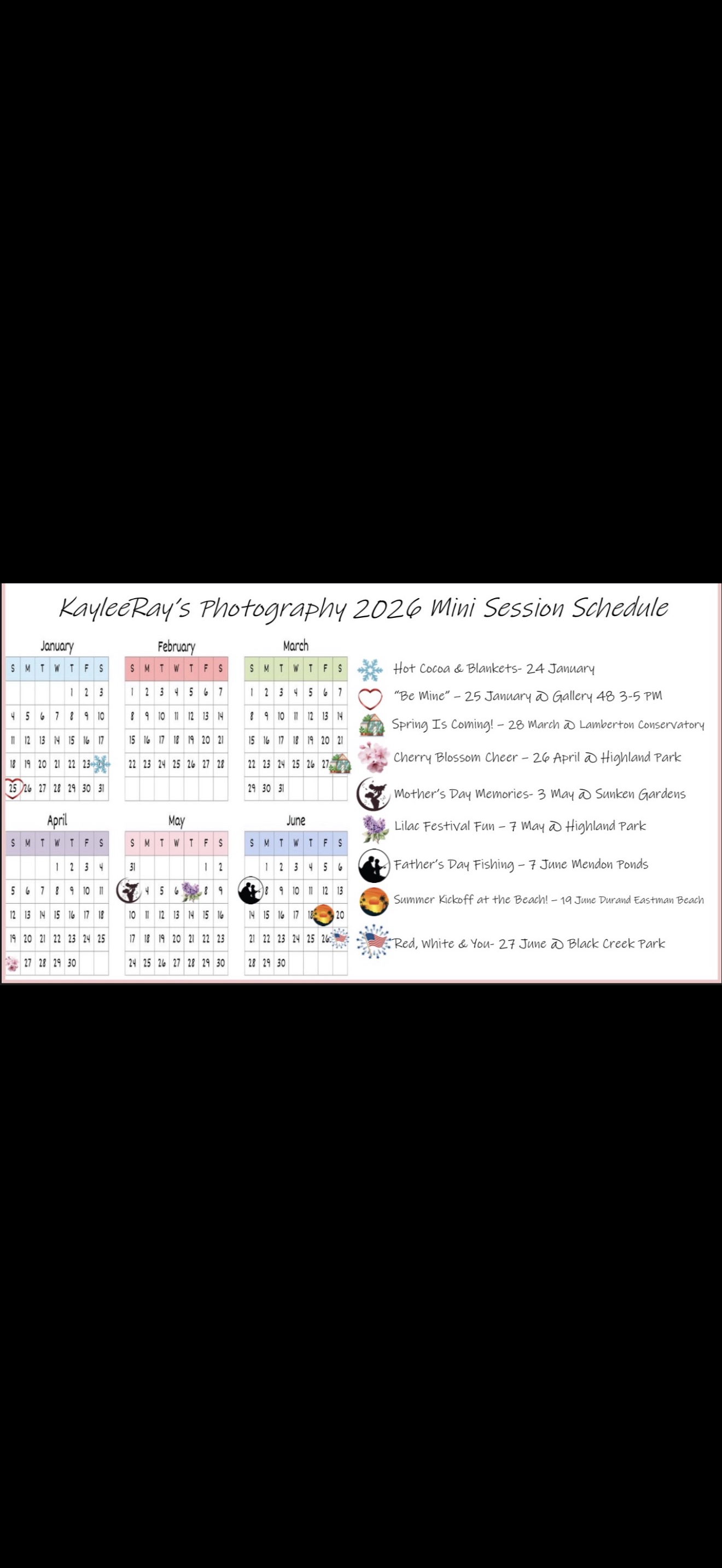 A calendar for 2026 with Mini Session Schedule notes, including dates and events like hot cocoa, Valentine's Day, spring, cherry blossom cheer, Mother's Day, Lilac Festival, Father's Day, summer kickoff, and Red, White & You, decorated with colorful icons.