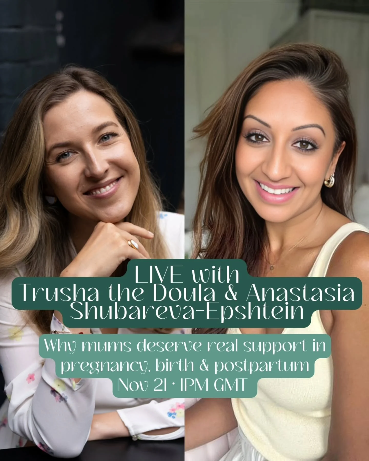 We&rsquo;re going LIVE 💚

So much of pregnancy, birth &amp; postpartum support still centres on the baby&hellip;
but mums deserve to be held just as deeply.

Join Carea founder Anastasia Shubareva-Epshtein and Trusha the Doula (@mydoula_andme) as we