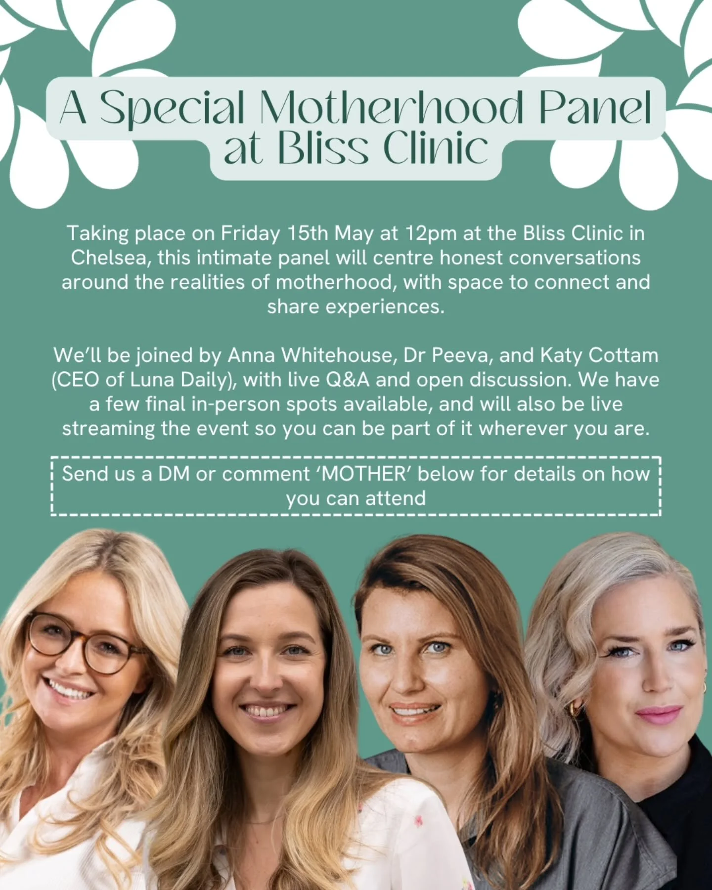 Our Mother&rsquo;s Day event is finally happening 💐

After a couple of unexpected reschedules (thank you for bearing with us 💚), we&rsquo;re so excited to be hosting this special in-person panel on Friday 15th May at 12pm at the Bliss Clinic in Che