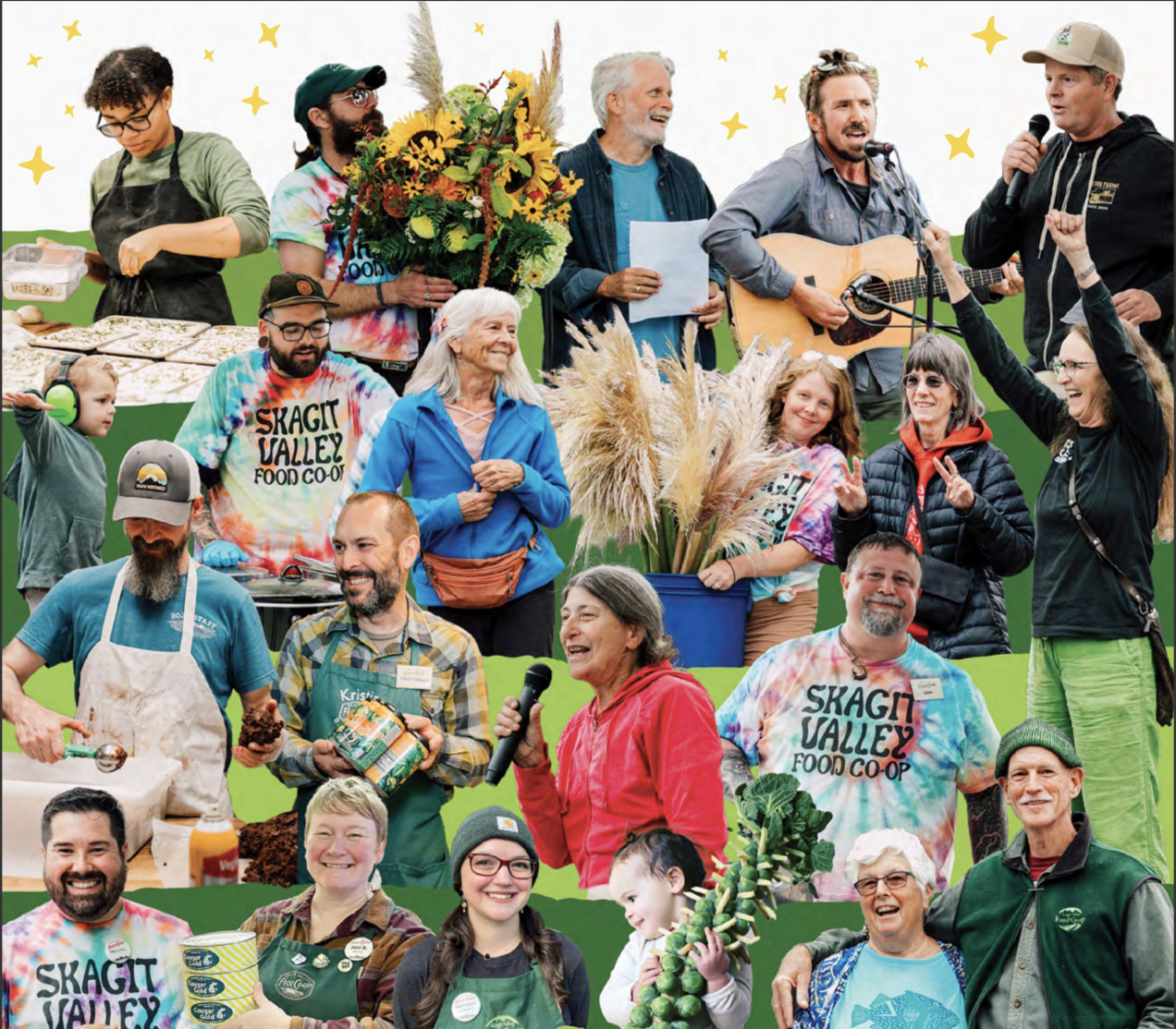 Collage of people at Skagit Valley Food Co-op event, including musicians, staff, and attendees engaging in activities with plants, food, and decorations.