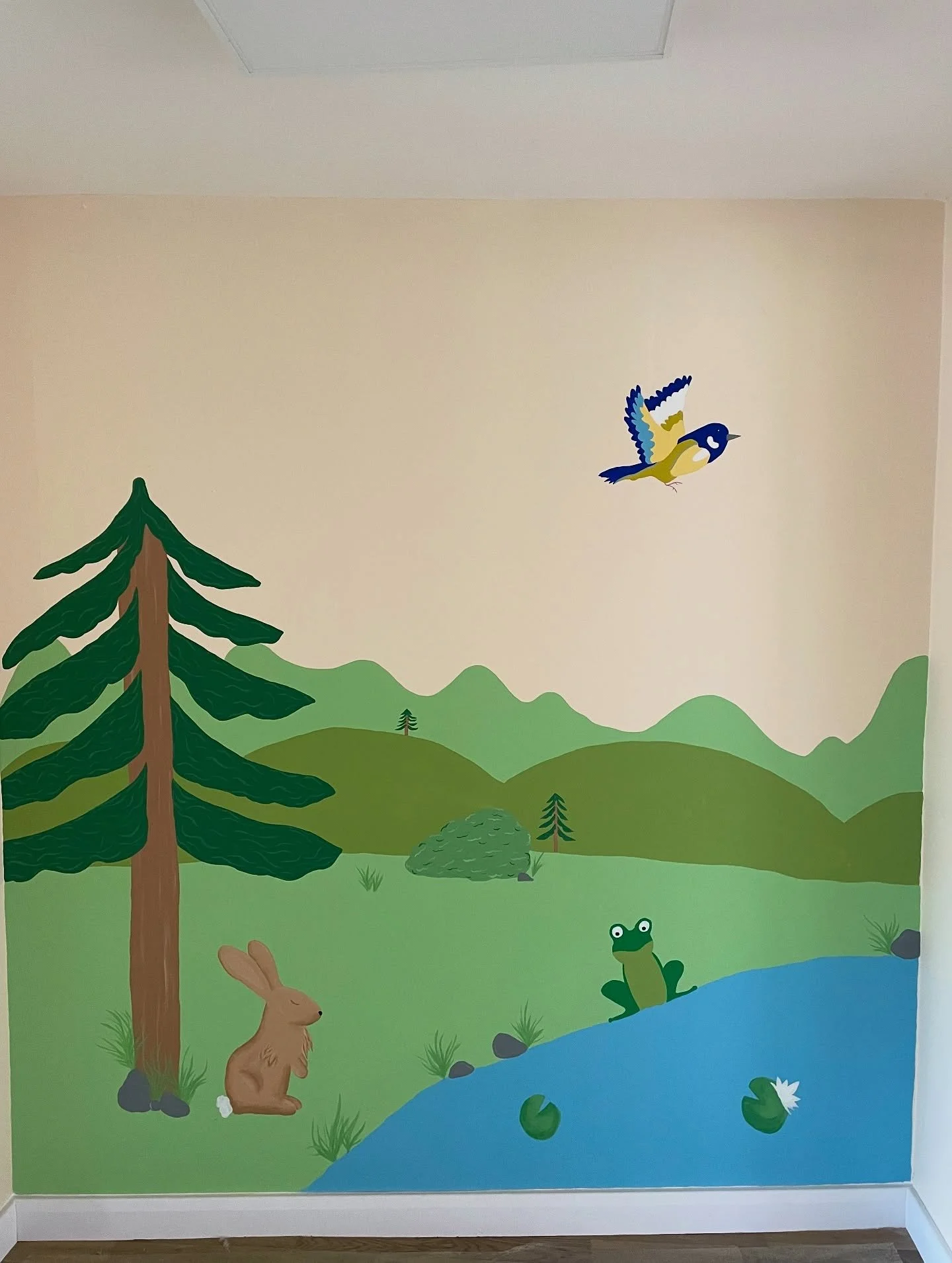 Mural 6/6 - Nature and what not 🐰🪷🐸

The finished mural and the planning that brought it all together 
Undecided on where this mural would go, the planning was done last ish minute to fit the space and what they wanted, turned out pretty good I th