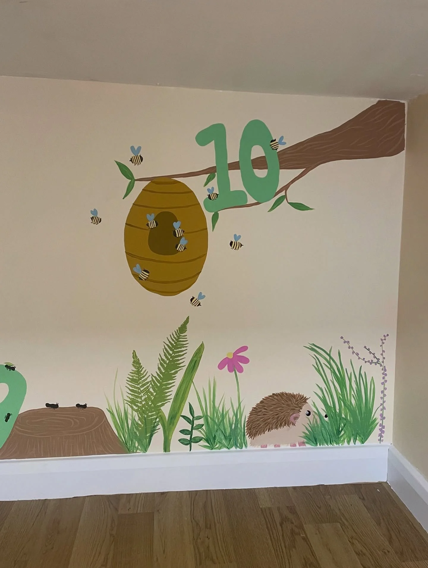 Mural 4/6 - under stairs number bugs 🦋🐝🪱+ a frog named Elliott &amp; hedgehog named Dean 🐸🦔