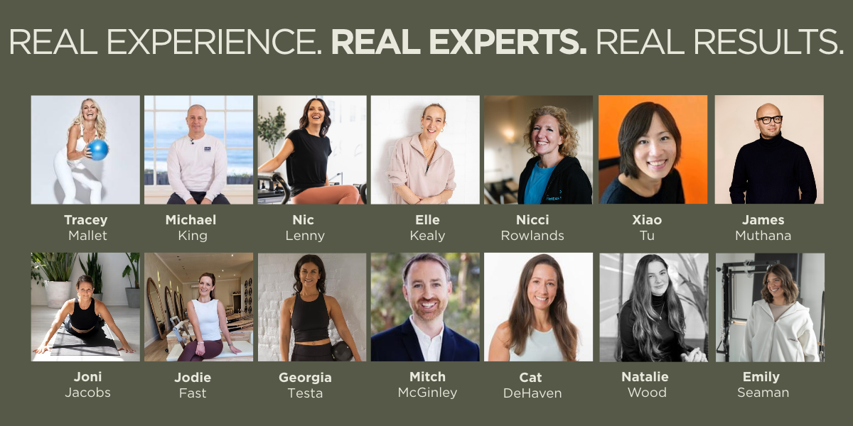 Group of 12 diverse professionals, both men and women, smiling and posing in various settings, with the text 'Real Experience. Real Experts. Real Results.' at the top.