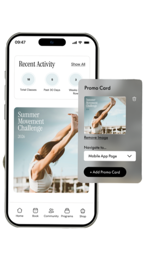Smartphone screen showing a fitness app with recent activity, summer movement challenge, and a pop-up for removing or adding a promo card, with a yellow background.