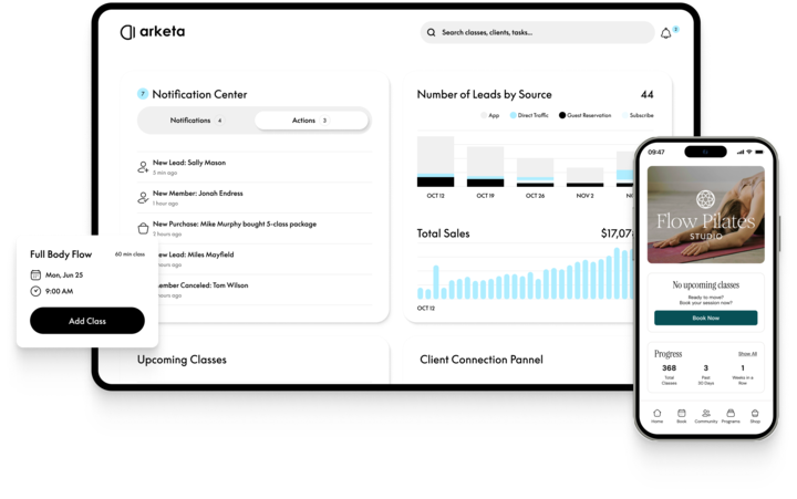 Dashboard of a sales and client management application on a computer screen, with notifications, lead source data, total sales, and upcoming classes. Next to it, a mobile app screen shows class booking options for a Pilates studio.
