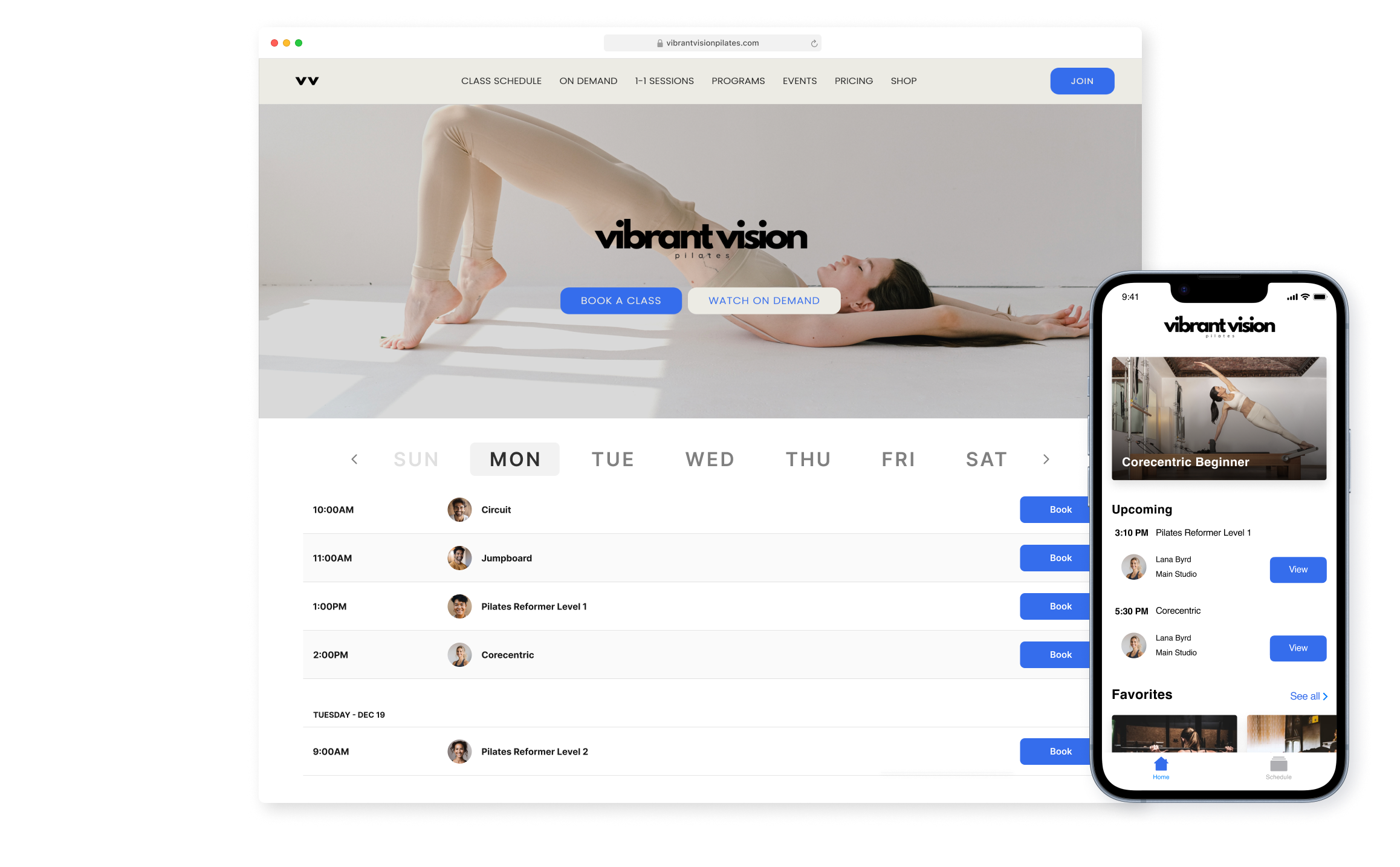 Screenshots of Vibrant Vision Pilates website displayed on a desktop and a smartphone, showing class schedules, booking options, and ongoing classes.