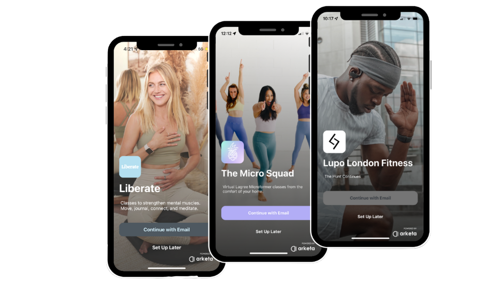 Three smartphones displaying fitness app screens with different workout classes. The first shows a smiling woman in yoga pose, the second shows women dancing, and the third shows a man in workout gear in a gym.
