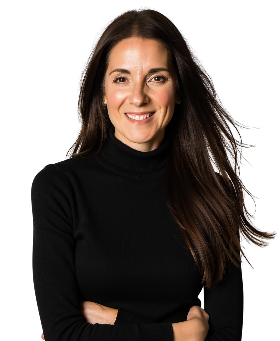 Angi Milano, Founder & CEO of Maven Advisory  with long brown hair wearing a black turtleneck, standing against a plain background.