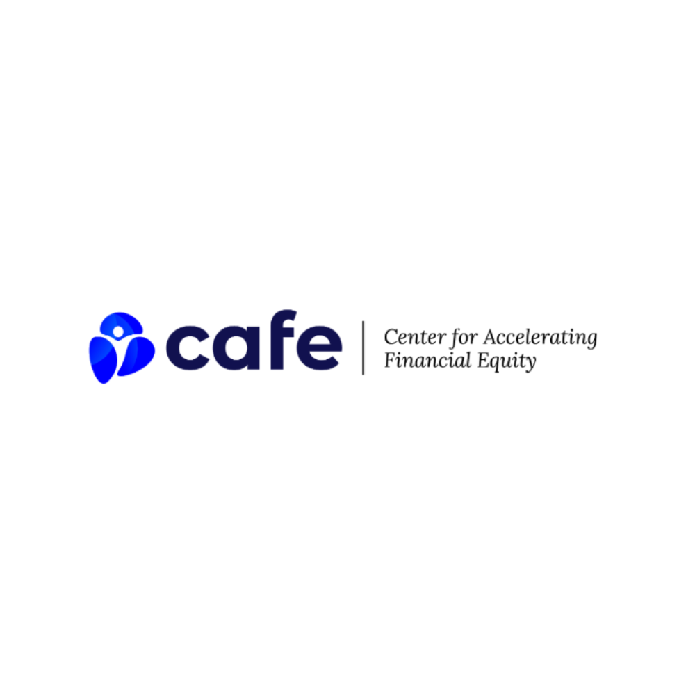 Logo of CAFÉ, Center for Accelerating Financial Equity, featuring a blue abstract person icon and the word 'cafe' in bold blue letters, with the organization's name in smaller black text to the right.