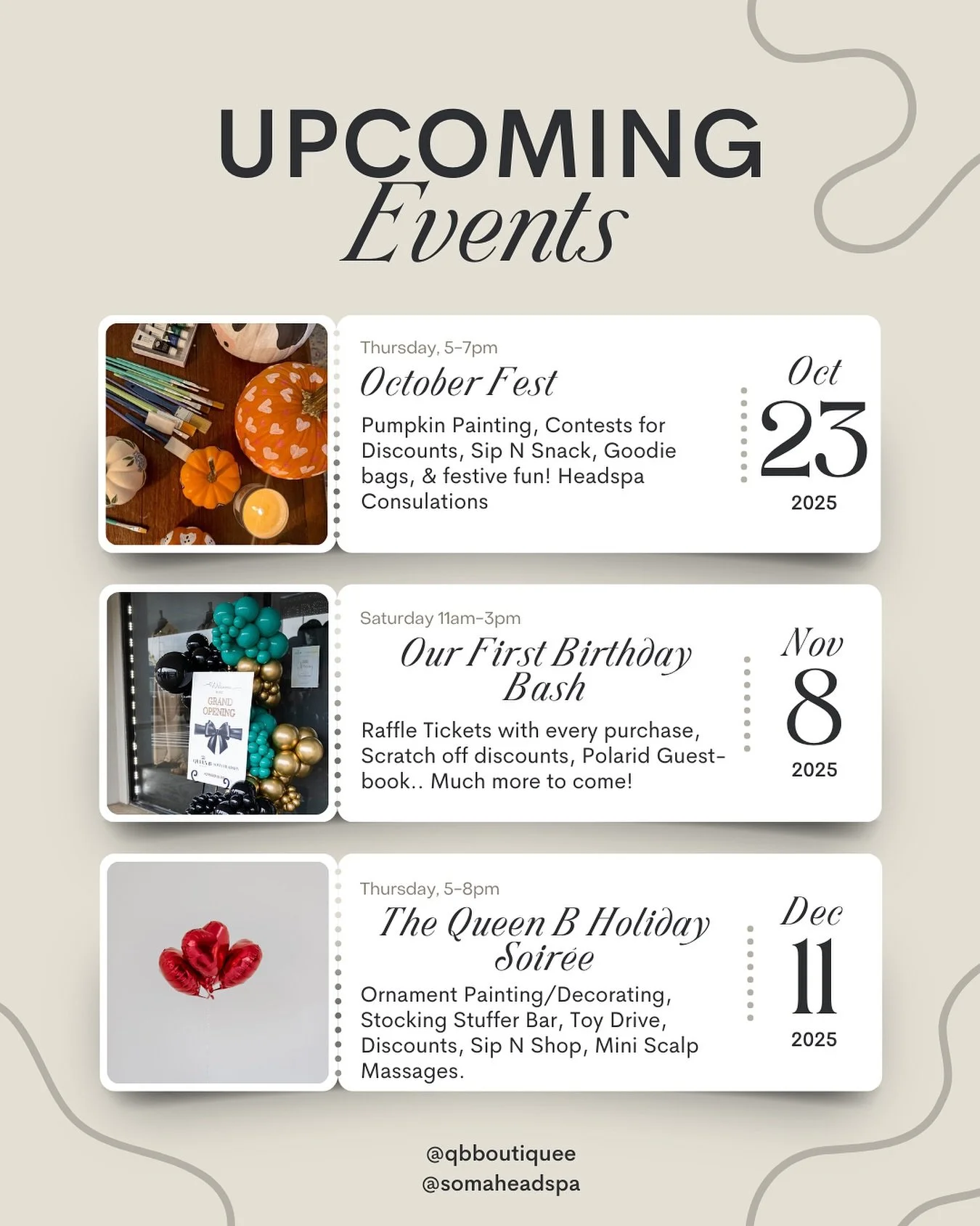 🗓️ Mark Your Calendars ✨

We&rsquo;ve got an exciting lineup of events planned to close out the year, and we&rsquo;d love for to be part of it! 

From self-care nights to seasonal celebrations, there&rsquo;s something special for everyone!! Save the