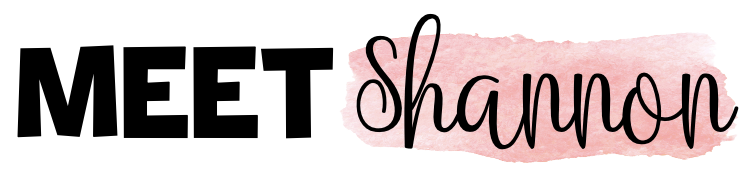 Text reads 'MEET Shannon' with 'MEET' in bold black font and 'Shannon' in cursive script over pink watercolor background.