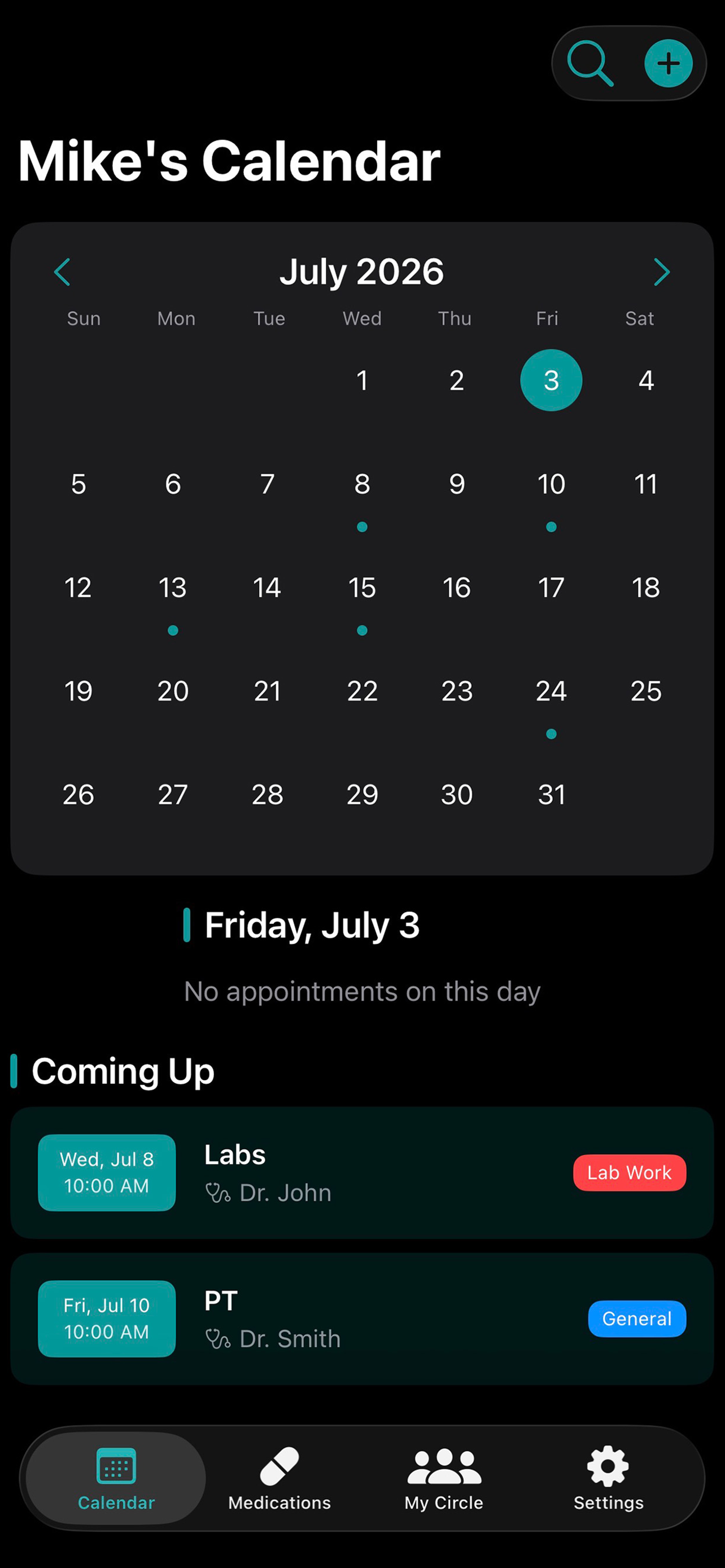 Mobile app screenshot of a personal calendar named "Mike's Calendar" for July 2026, showing a clean, dark background with blue accents. The calendar highlights Fridays and events near the bottom for July 8 and 10, scheduled with doctors. The bottom menu has icons for Calendar, Medications, My Circle, and Settings.