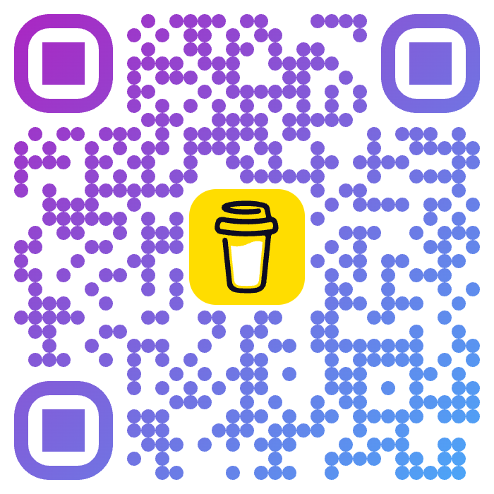A QR code with purple and blue dots, featuring a yellow center with a black line drawing of a disposable coffee cup.