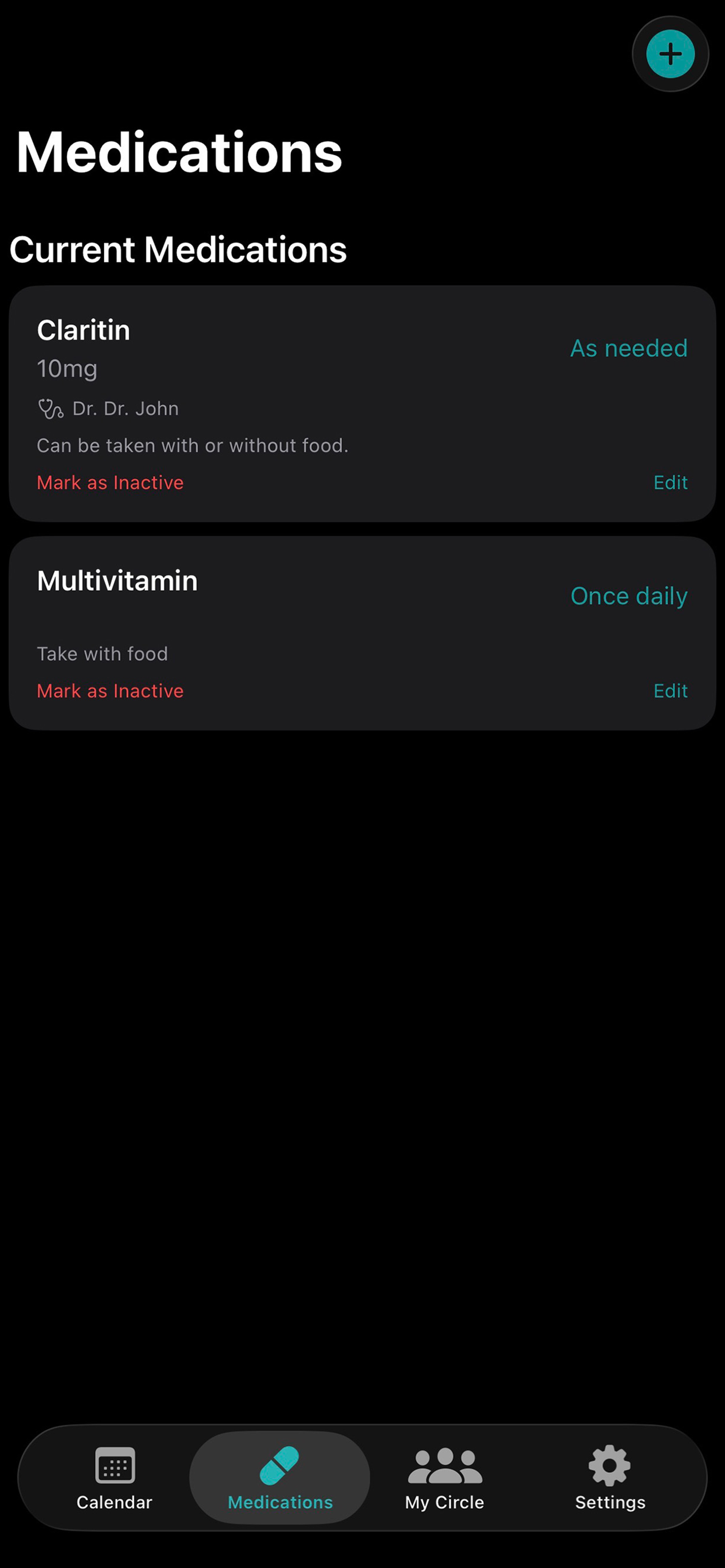 A mobile app screen showing medication management, with current medications listed: Claritin 10mg, taken as needed, Dr. Dr. John, and Multivitamin, taken once daily. Options to mark as inactive or edit each medication are visible.