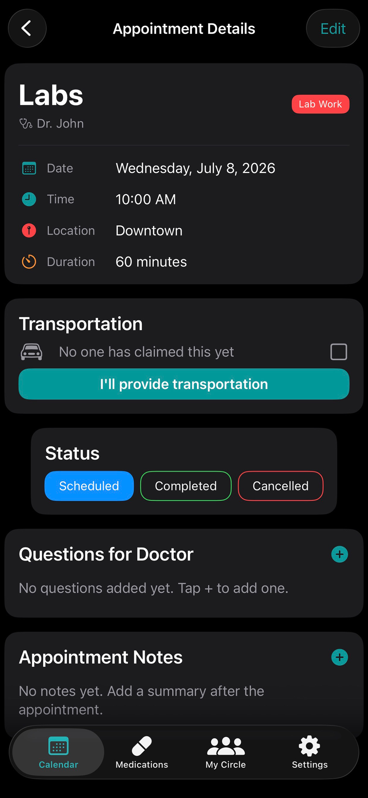 Mobile app screen showing appointment details for a lab visit with Dr. John on July 8, 2026, at 10:00 AM in Downtown, lasting 60 minutes, with options for transportation, status, questions for doctor, and notes.