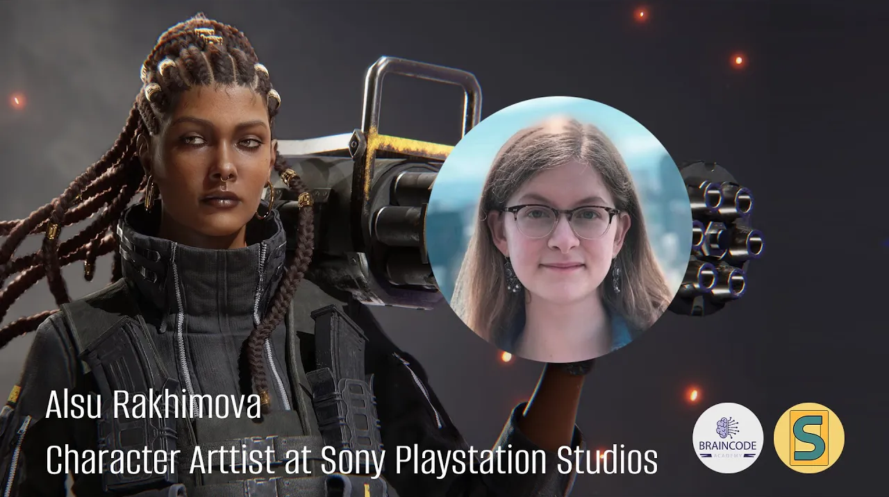 3D character with braids and futuristic attire next to inset photo of a woman with glasses; text: "Alsu Rakhimova, Character Artist at Sony PlayStation Studios." Logos of Braincode Academy and another organization are displayed.