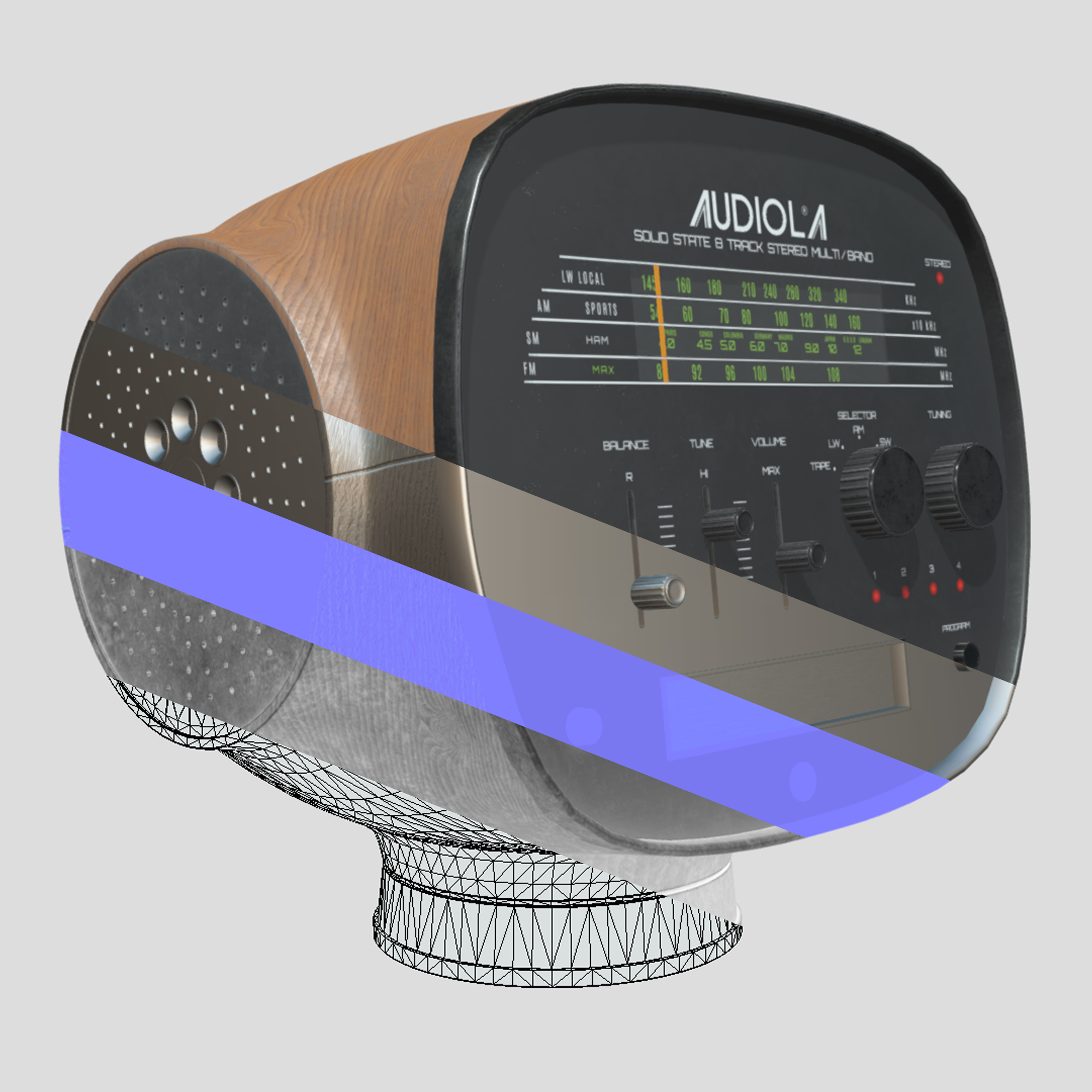 3D model of vintage radio with wood finish and digital overlay