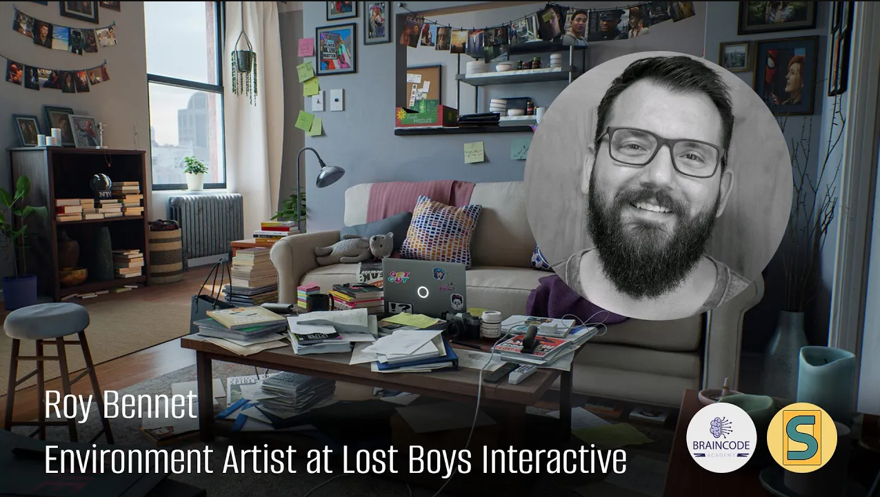 Messy living room with books, papers, and a laptop on the coffee table, framed pictures on walls, bookshelf with plants, and a portrait of a bearded man in a circle overlay; text reads 'Roy Bennet, Environment Artist at Lost Boys Interactive.'