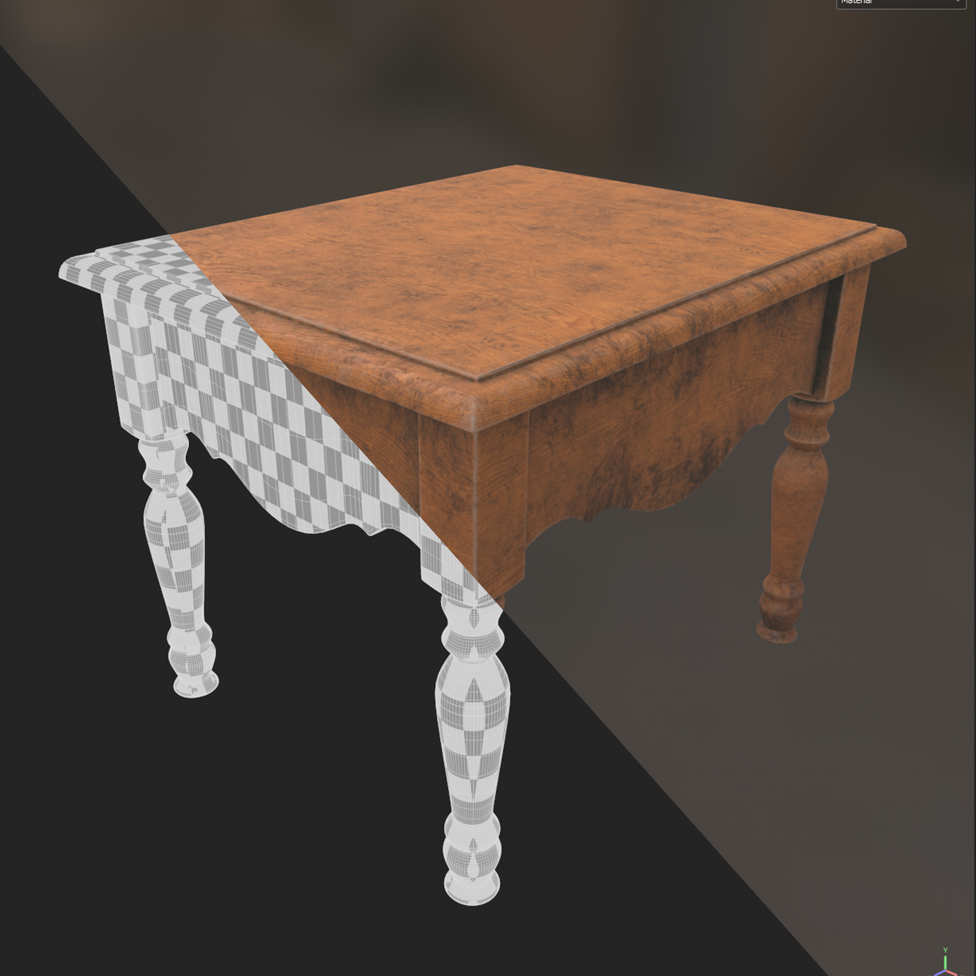 3D rendering of a wooden table, half textured with wood grain and half in a checkered pattern, showing a modeling process.