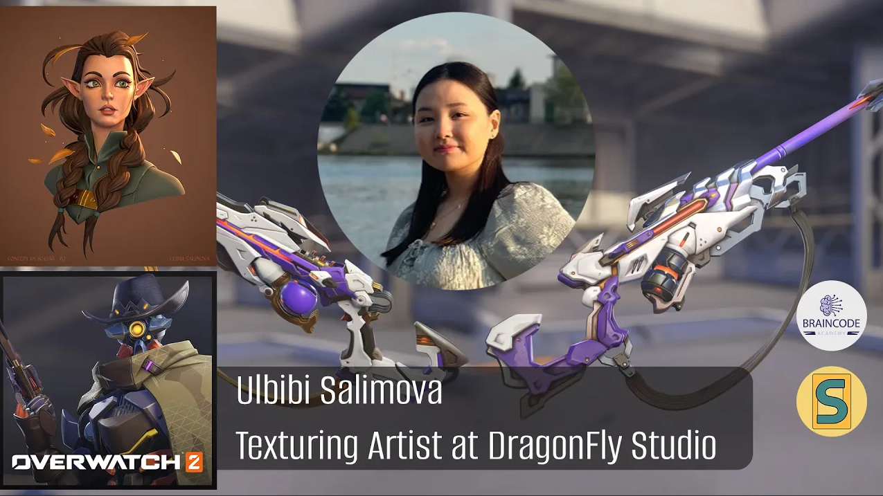 Collage featuring a female texturing artist, concept art of a fantasy character, an Overwatch 2 character image, and a stylized weapon. Labels include "Ulbibi Salimova, Texturing Artist at DragonFly Studio," and logos for Braincode Academy and an S symbol.