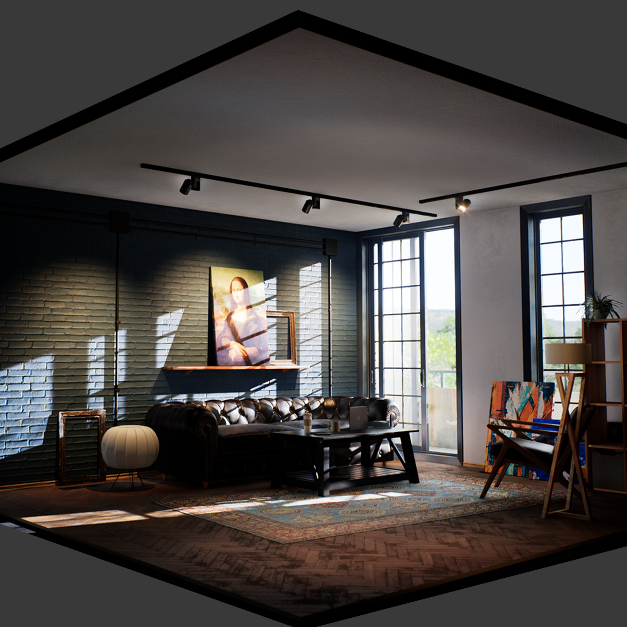 Modern living room with leather sofa, painting of Mona Lisa, black brick accent wall, large windows, and contemporary furniture.