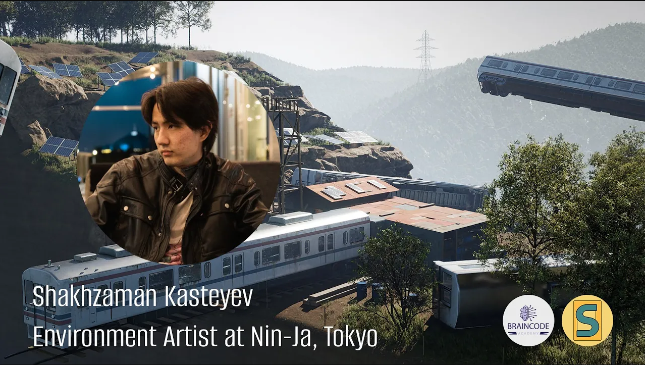 Environment artist Shakhzaman Kasteyev from Nin-Ja, Tokyo pictured against a detailed landscape with trains and solar panels.